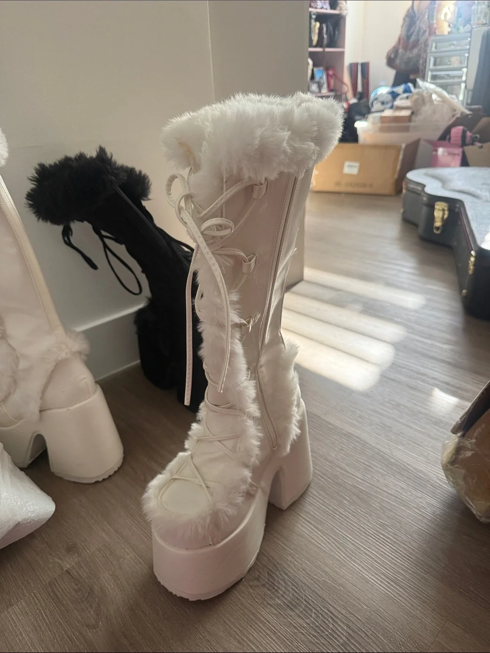 Dolls Kill White Faux-Fur Lace-Up Platform Knee Boots